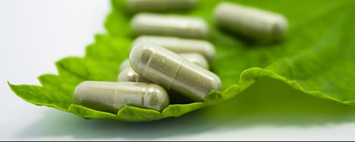 Health supplement capsules resting on a green leaf